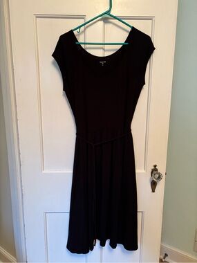 Garnet Hill Black Midi Scoop-Neck Dress with Waist Tie
